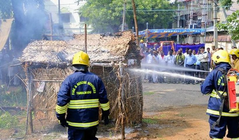 Fire-fighters holding a demonstration for an awareness campaign in Tiruchi on Tuesday.