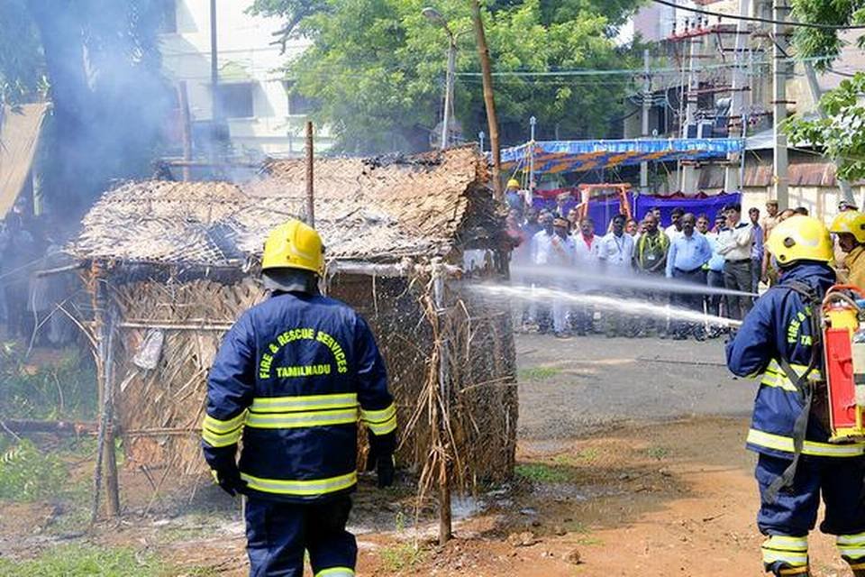Fire-fighters holding a demonstration for an awareness campaign in Tiruchi on Tuesday.