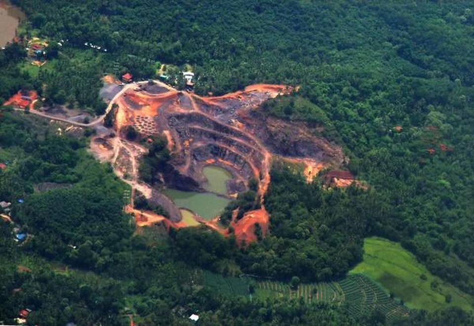 An aerial view of a stone quarry in Malapuram district. 