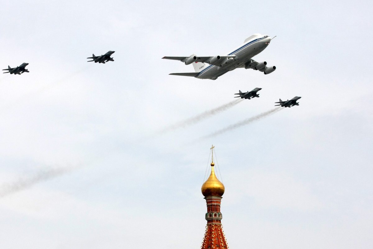 A Russian Il-80 plane and fighter jets St. Basil's Cathedral near Red Square in Moscow on May 4, 2010 during a Victory Day parade rehearsal.