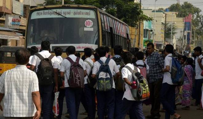 The trade unions organised strike from work highlighting various demands, school students andcommuters had tough time with most of the TNSTC buses were crowded especially during rush hour. A scene at a bus stop on Palakarai in Tiruchi on Thursday.  