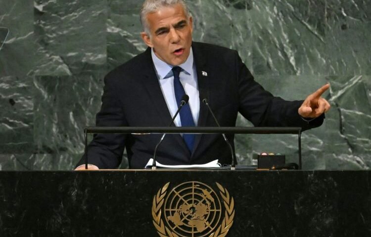 Israel's Prime Minister Yair Lapid addresses the 77th session of the United Nations General Assembly at the UN headquarters in New York City on September 22, 2022.