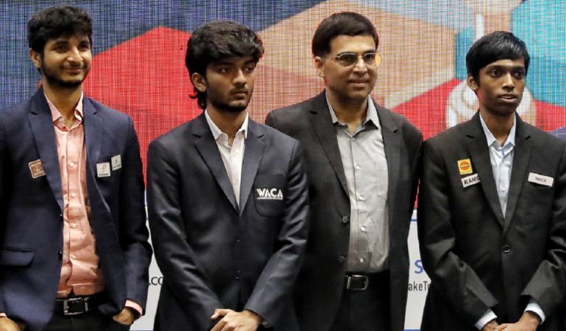 Candidates chess 2024: Vidit Gujarathi (left) will take on Gukesh (second from left) in the opening clash at the Candidates. While,Viswanathan Anand will be commentating R. Praggnanandhaa (right) is the third Indian in the fray.