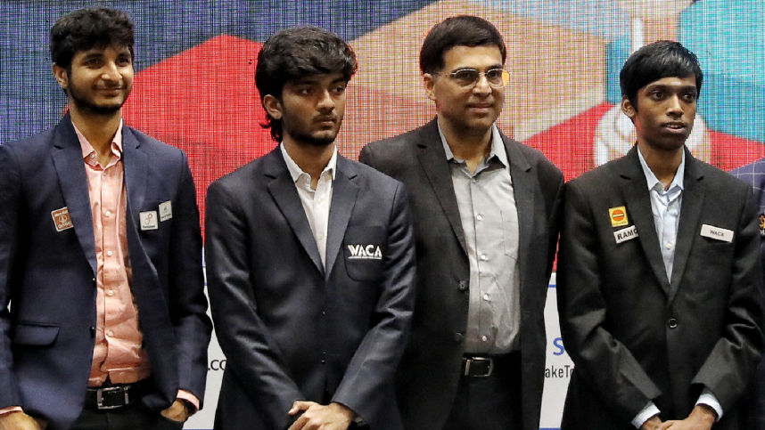 Candidates chess 2024: Vidit Gujarathi (left) will take on Gukesh (second from left) in the opening clash at the Candidates. While,Viswanathan Anand will be commentating R. Praggnanandhaa (right) is the third Indian in the fray.